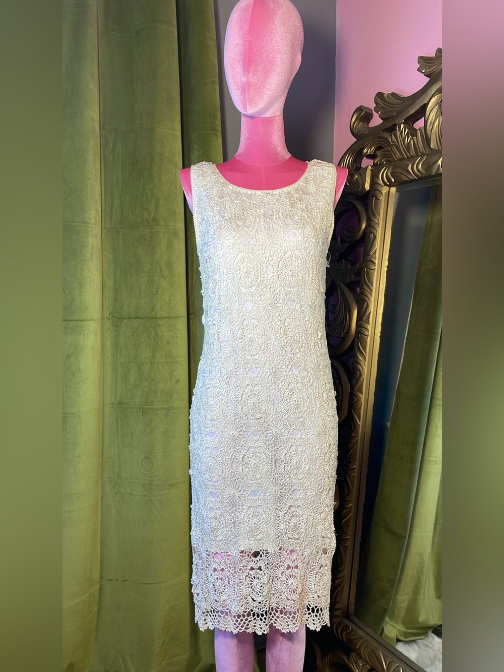 Ivory Lace Midi Sheath Dress - Sleeveless Elegant Design
